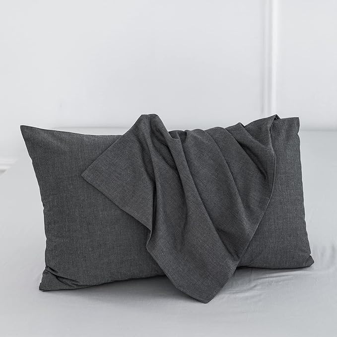 MooMee Bedding Pillowcases Pack of 2 100% Washed Cotton Linen Like Textured Breathable Durable Soft Comfy (Heathered Dark Grey, King)