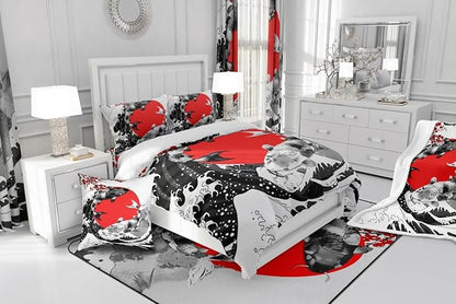 Mount Fuji Quilt Japanese Style Koi Fish Duvet Insert Ukiyo-E Theme Comforter Set Mountain Cherry Blossom Red Sun Ink Painting Down Comforter 3 Pieces with 2 Pillow Cases, King Size Black White