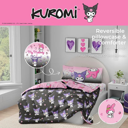 Sanrio Kuromi & My Melody Bedding 5 Piece Super Soft Cozy Reversible Comforter and Sheet Set with Sham, Twin, (Officially Licensed Product) by Franco