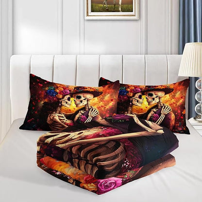 Skull Printed Comforter Set Full Size,Skeleton Couple Embrace Bedding Romantic Flower Comforter Set for Kids Girls Room Decor,Artistic Aesthetics Bedding Set with 2 Pillowcases.