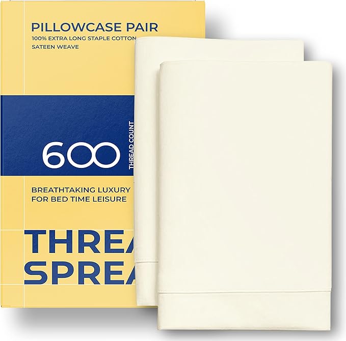 Thread Spread 100% Egyptian Cotton King Size Pillow Cases Set of 2 - Luxury 600 Series Bliss Collection Pillow Cases King Size (Ivory), Soft Cooling Hotel Cotton Pillowcases, Sateen Finish