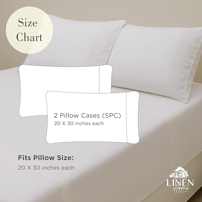 Linen Home 100% Cotton Percale Gardenia Lace Pillowcases Queen/Standard Size, White, 2 Pieces of Pillow Case, Crisp and Cool Strong Bed Linen, 20 inches X 30 inches