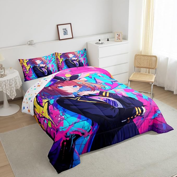 Erosebridal Girls Japanese Anime Comforter Set King, Kawaii Anime Girl Bedding Set Cartoon Girl Duvet Insert for Kids Teens Adult, Japanese Animation Sci Fi Style Quilt with 2 Pillow Cases