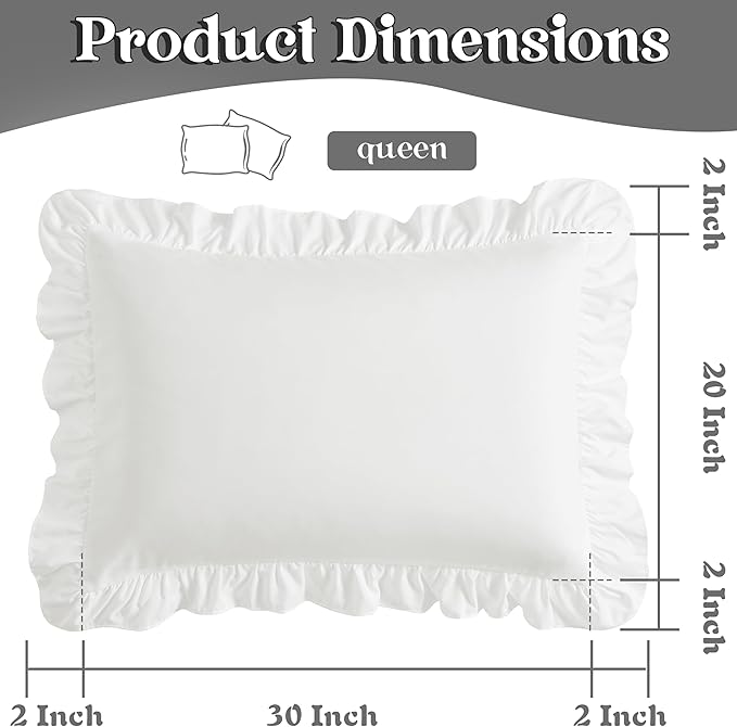 KKJIAF Ruffle Pillow Cases Queen Size Set of 2, Ruffled Pillow Covers with Envelope Closure, Wrinkle Resistant Pillowcases 20" x 30", Ruffled Pillow Shams, White