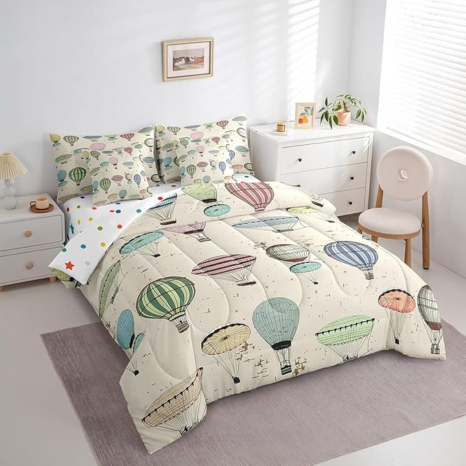 7 Pieces King Size Colorful Hot Air Balloon Comforter Set,Modern Sketch Bedding Set for Kids Room Decor,Retro Geometric Lines (Comforter+Fitted+Flat Sheet+2 Pillowcases+2 Throw Pillow Covers）