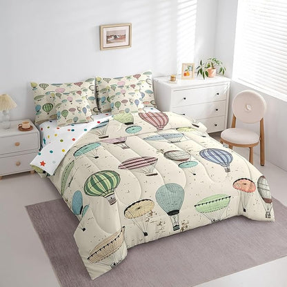 7 Pieces King Size Colorful Hot Air Balloon Comforter Set,Modern Sketch Bedding Set for Kids Room Decor,Retro Geometric Lines (Comforter+Fitted+Flat Sheet+2 Pillowcases+2 Throw Pillow Covers）