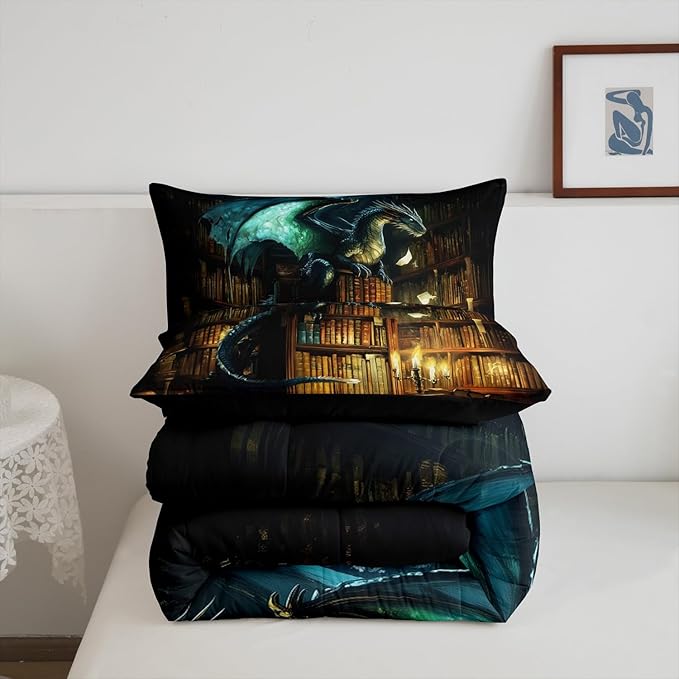 Dragon Comforter Set Toddler Size,Castle Bookshelf Bedding Set for Kids Teens Bedroom,Mysterious Magical Theme Down Comforter,2 Pcs 1 Pillowcase