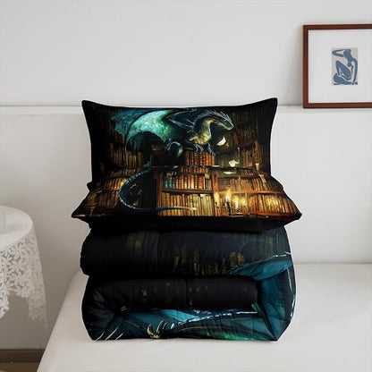 Dragon Boys Kids Comforter Set Full Size,Mysterious Magical Theme Duvet Set Room Decor,Castle Bookshelf Brushed Microfiber Soft Bedding Comforter