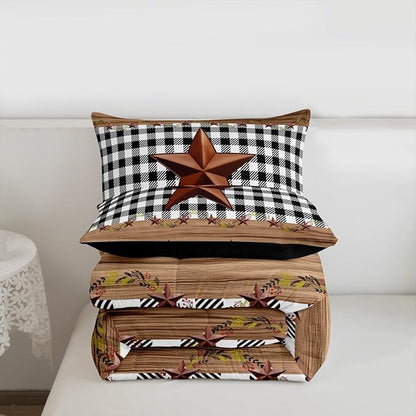 Western Texas Star Comforter Set Queen, Farmhouse Black Plaid Bedding, Brown Vintage Country Star Bedding Comforter Sets, Retro Rustic Checked Grid Bedroom Decor Wooden Grain Quilt For Kids Boys Girls
