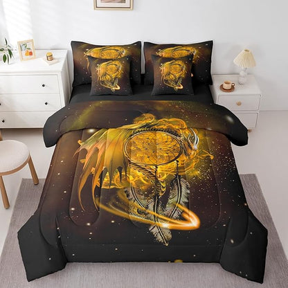 Erosebridal Gothic Dragon Dream Catchers Bed in a Bag Queen Comforter Set 7 Piece,Yellow Galaxy Bohemian Feather Bedding Sets Antique Animal Pterosaur Sheet Set with Comforter
