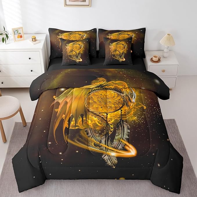 Erosebridal Gothic Dragon Dream Catchers Comforter Set 7 Piece Bed in a Bag Twin,Yellow Galaxy Bohemian Feather Bedding Sets Antique Animal Pterosaur Sheet Set with Comforter