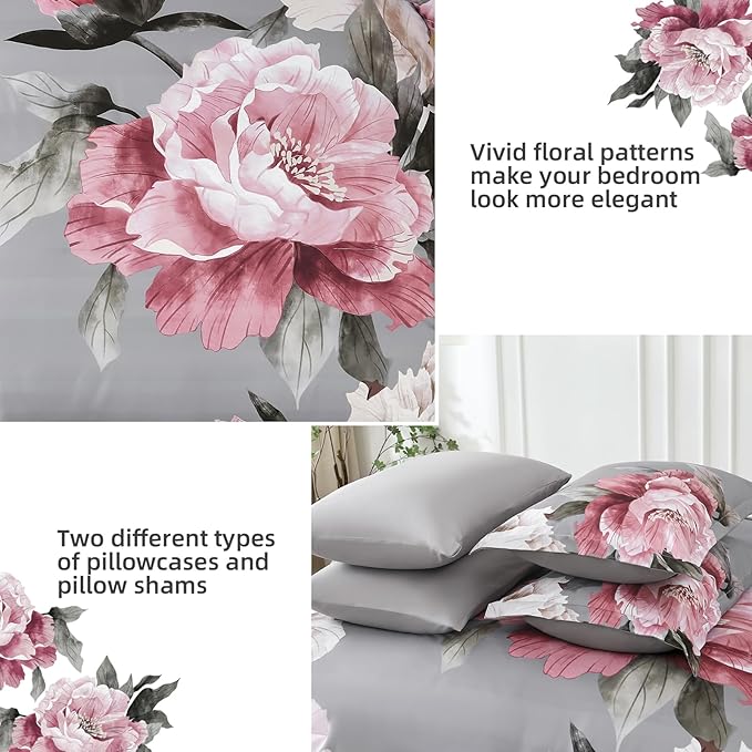 Dobuyly Pink and Grey Comforter Set Full Size 7 Piece Bed in a Bag, Floral Printed on Gray Full Comforter Set with Sheets, Soft Microfiber Botanical Complete Bedding Set for All Season