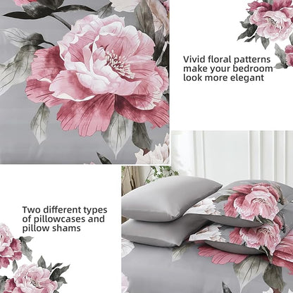 Dobuyly Pink and Grey Comforter Set Full Size 7 Piece Bed in a Bag, Floral Printed on Gray Full Comforter Set with Sheets, Soft Microfiber Botanical Complete Bedding Set for All Season