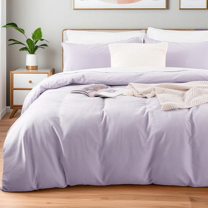 NEXHOME PRO Full Duvet Cover Set, 100% Washed Cotton with Linen-Like Texture, Natural Organic, Breathable & Comfortable, Includes Home Bedding Set Lilac (No Comforter) 80"x90"