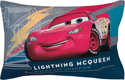 Disney Cars Piston Cup Circuit Blue, Red, and Yellow, Lightning McQueen and Mater 4 Piece Toddler Bed Set - Comforter, Fitted Bottom Sheet, Flat Top Sheet, and Reversible Pillowcase
