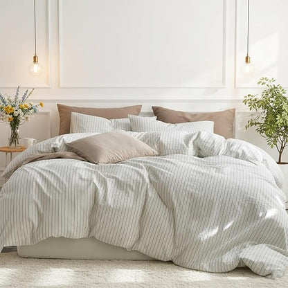Nayoroom Striped Duvet Cover Queen Size 100% Washed Cotton White Green Stripe Duvet Cover 3 Pieces Soft Breathable Girls Dorm Bedding Set for All Seasons, Yarn Dyed Process