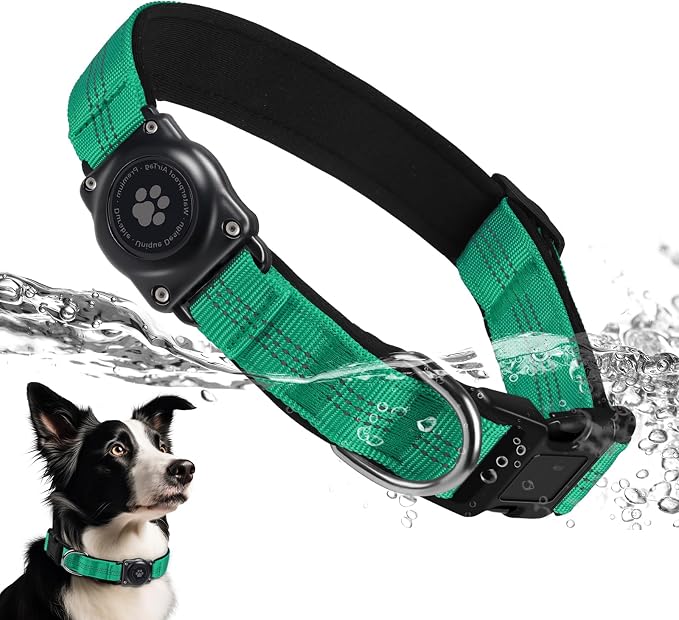 Upgrade Dog Collar with AirTag Holder, IP68 Waterproof, Teal, XS | Built-in Water Resistant AirTag holder, 1000D Nylon, Reflective Stitching for Night Visibility, Soft padding for Comfort