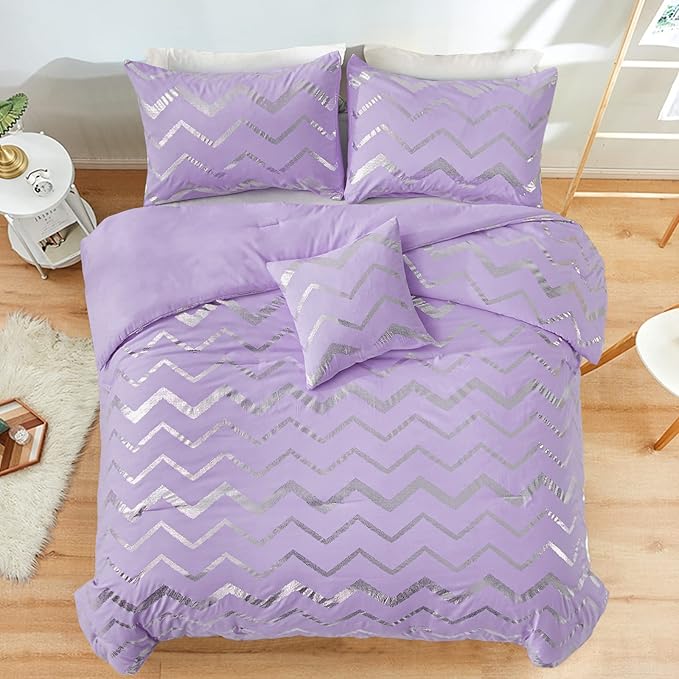 Menghomeus Purple/Silver Comforter Set Queen Size Lavender Metallic Print Glitter Bed Comforter Cute Shinny Bedding for Teen Girls Kids, 4 Piece (2 Pillowcases, 1 Decorative Pillow Sham)