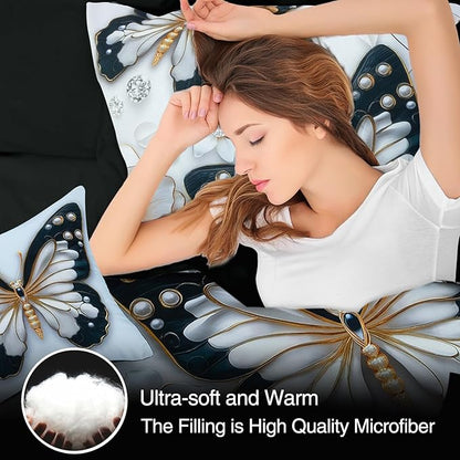 A Nice Night 6pcs Bed in A Bag Black and Glod Dreamy 3D Butterfly Printed, with Pearl Flower Design Butterflies Bedding Full Comforter Set, for Girls Kids Teens