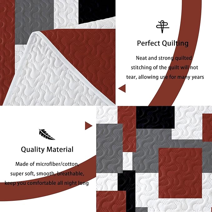 3 Piece Burnt Orange Grey Quilt Set Full/Queen Size Black White Gray Geometric Reversible Bedding Set Microfiber Lightweight Bedspread Coverlet with 2 Shams Bed Covers for All Season, 90''x96''