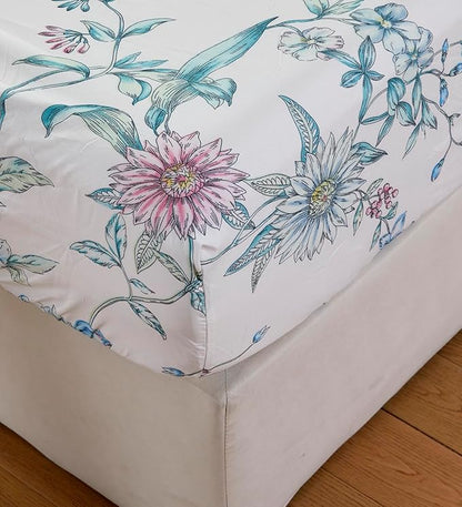JSD White Blue Floral Printed Sheet Set Full Size, 4 Piece Botanical Microfiber Sheets Extra Deep Pocket