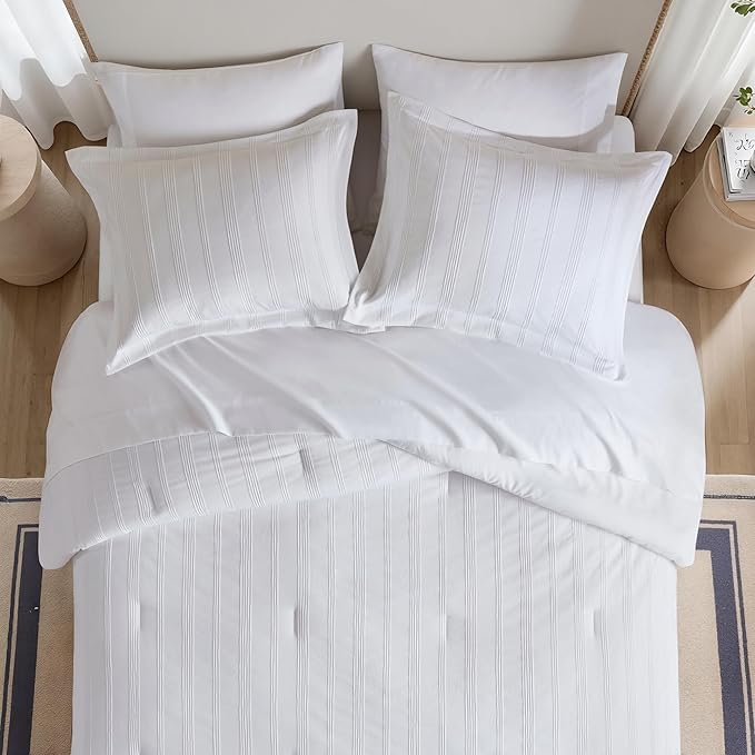 Madison Park Essentials Striped Comforter Set Cal King, 7 Pieces Modern Minimalist Jacquard Bedding Set for All Season, Bed in A Bag with Sheet Set and Soft Brushed Reverse, Lightweight White