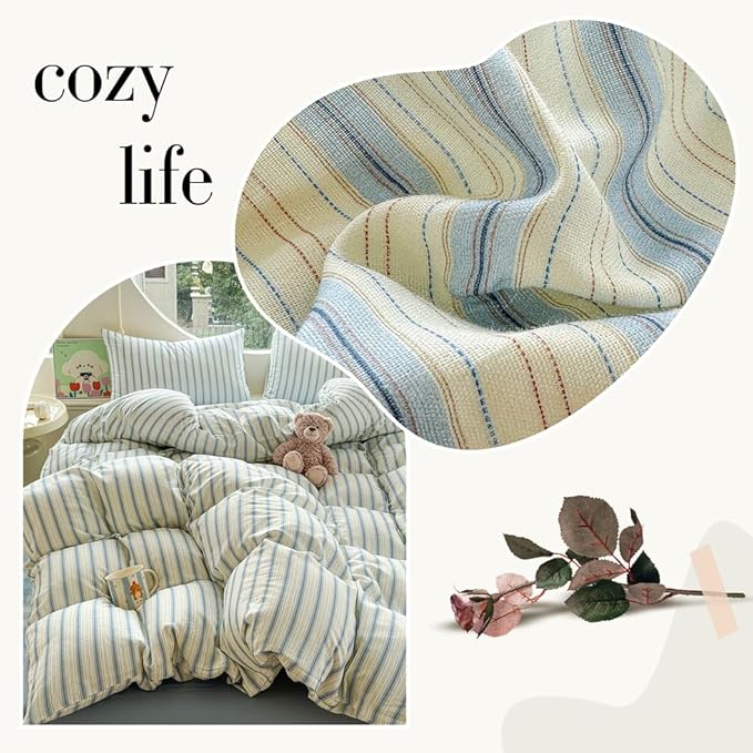 EAVD Vintage Striped Duvet Cover Twin Soft 100% Muslin Cotton Linen Feel Gauze Farmhouse Blue Vertical Striped Pattern Bedding Set for Boy Girl Reversible Geometric Duvet Cover with Zipper Closure