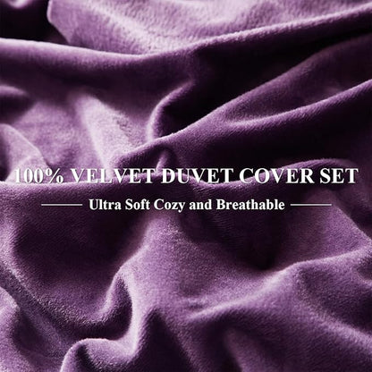 Ivellow Velvet Flannel Duvet Cover Set King Size Purple Duvet Ultra Soft Breathable Cozy Velour Luxury Bedding Set Zipper Closure Corner Ties