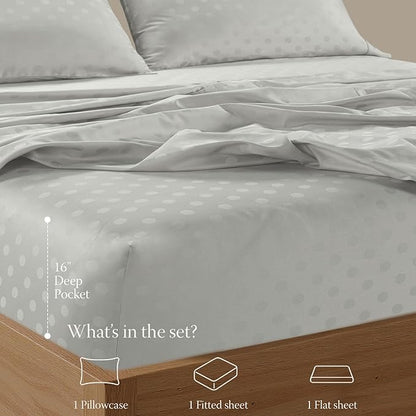 Threadmill Cotton Twin Sheet Set | 100% Cotton Sheets for Twin Size Bed | Damask Jacquard Sateen Twin Bed Sheets Set with 16” Deep Pocket | Soft Breathable 3-Piece Cooling Sheet Set | Light Grey