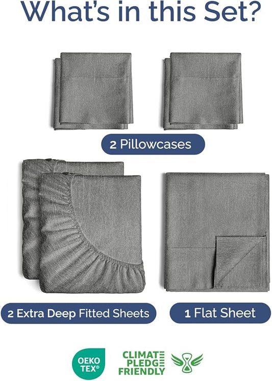 Extra Deep Split King Sheet Set - 7 Piece Breathable and Cooling Sheets - Hotel Luxury Bedding for Women, Men, Kids & Teens - Secure Fit - Soft and Wrinkle Free - Extra Deep Pockets - Heathered Grey