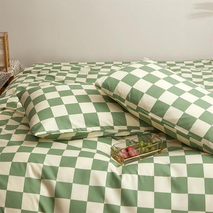 Houseri Sage Green White Plaid Comforter Full Size Light Green Bedding Comforter Sets for Teen Boys Girls Full Grass Green and Beige Buffalo Plaid Comforters Checkerboard Gingham Dorm Bedding Set Full