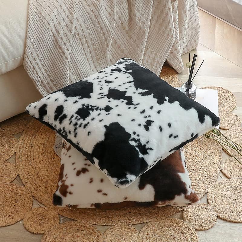 TOMWISH White Black Cowhide Printing Faux Fur Pillow Covers 16x16 Set of 2