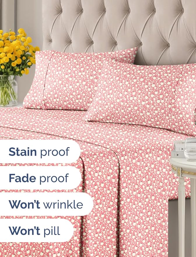 Floral Sheets - Pink & White Bed Sheet Set - 1 Flat, 1 Fitted & 1 Pillowcase w/ Deep Pockets - Comfy, Cozy, Wrinkle & Fade Free - Boho Botanical Bedding - Soft, Breathable & Cooling - Twin XL Size Set