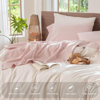 MooMee Bedding Sheet Set 100% Washed Cotton Linen Like Textured Breathable Durable Soft Comfy (Heathered Greyish Pink, California King)