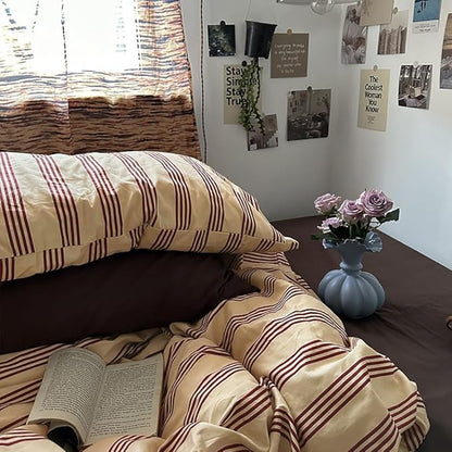 Nayoroom Striped Duvet Cover Queen Size Vintage Brown Striped Duvet Cover 3 Pieces 100% Washed Cotton Soft Breathable Girls Dorm Bedding Set for Hot Sleepers