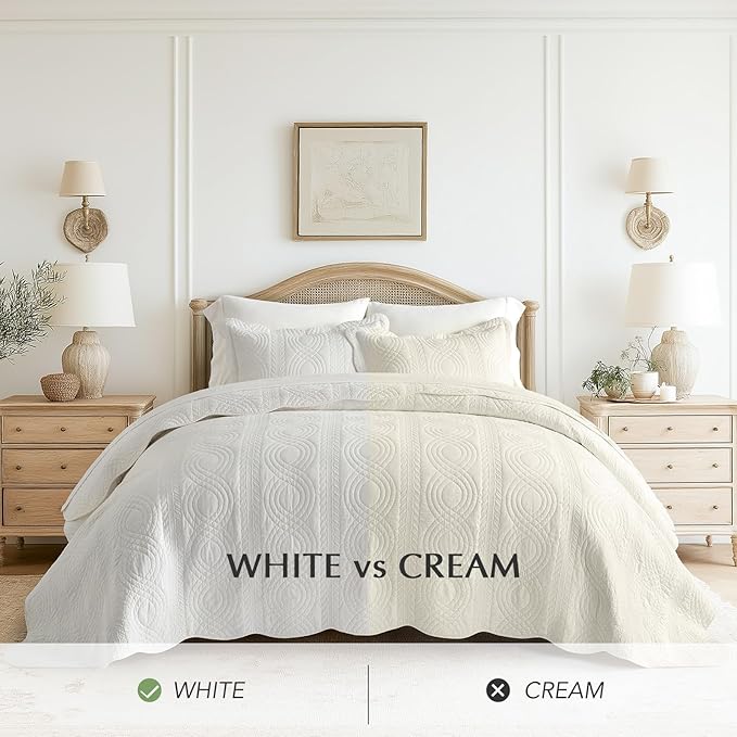 EVERGRACE 100% Cotton Scallop Quilt Set, King Size 3 Piece Set – Lightweight Bedspread with 2 Shams, Soft Prewashed Coastal Bedding Coverlet for Cozy and Elegant Bedding, Bright White