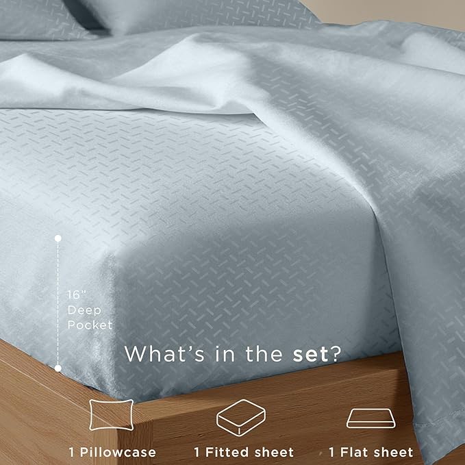 Threadmill Cotton Twin XL Sheet Set | 100% Cotton Sheets for Twin XL Size Bed | Damask Jacquard Sateen Twin XL Bed Sheets Set with 16” Deep Pocket | Soft Breathable 3-Piece Cooling Sheet Set | Blue