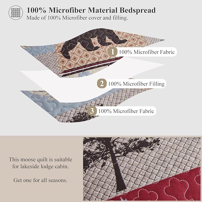 Rustic Full/Queen Size Quilt Set - Home Lodge Bedding Set with Plaid Quilts, Lightweight Reversible Bedspread Coverlet Wildlife Moose Pine Tree Bedding, and 2 Pillow Shams Decor
