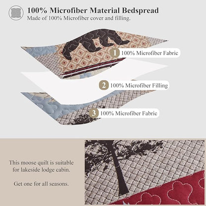 Rustic Full/Queen Size Quilt Set - Home Lodge Bedding Set with Plaid Quilts, Lightweight Reversible Bedspread Coverlet Wildlife Moose Pine Tree Bedding, and 2 Pillow Shams Decor
