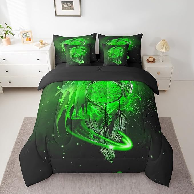 Erosebridal Gothic Dragon Dream Catchers Bed in a Bag King Size Comforter Set 7 Pieces,Green Galaxy Bohemian Feather Bedding Sets Antique Animal Pterosaur Sheet Set with Comforter