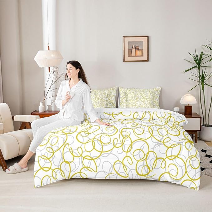 Erosebridal Geometric 7 Piece Comforter Set King Bed in A Bag Yellow White Abstract Lines Bedding Set for Boys Girls Bedroom Modern Abstract Texture Quilt Contemporary Swirls Aesthetic Sheet Set