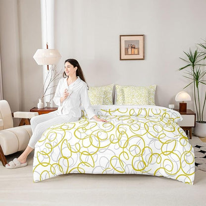 Erosebridal Geometric 7 Piece Comforter Set Twin Bed in A Bag Yellow White Abstract Lines Bedding Set for Boys Girls Bedroom Modern Abstract Texture Quilt Contemporary Swirls Aesthetic Sheet Set