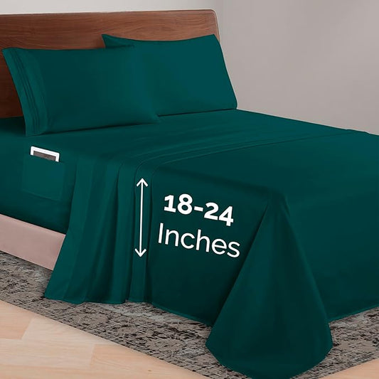 Elegant Comfort Luxurious 1500 Premium Hotel Quality Microfiber 4-Piece Sheet Set, 18-24 Inches Deep - Extra Deep Pocket Sheets - Ultra Soft 4PC Deep Pocket Sheets, Queen, Marine Teal