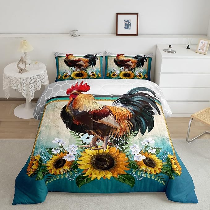 Erosebridal Chicken Comforter Set King Size Sunflower Bedding Grey Honeycomb Blue Yellow Rooster Down Farmhouse Wild Animal Leaves Room Decor Comforters & Sets for Adult Kids Boys, Multi 121