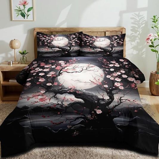 Japanese Style Cherry Blossom Comforter Set Queen Pink Cherry Blossoms Bedding Black Floral Bedding Set 3Pcs Oriental Comforter Asian Art Decorative Bedding Comforter Set for All Season