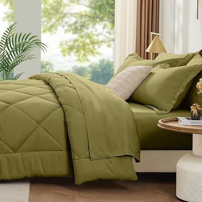 FUANNA 7 Pieces King Size Comforter Set, All Season Bed in a Bag King Size, Luxury Soft Bedding Sets with Comforter, Flat Sheet, Fitted Sheet, Pillowcases & Pillow Shams, Olive Green