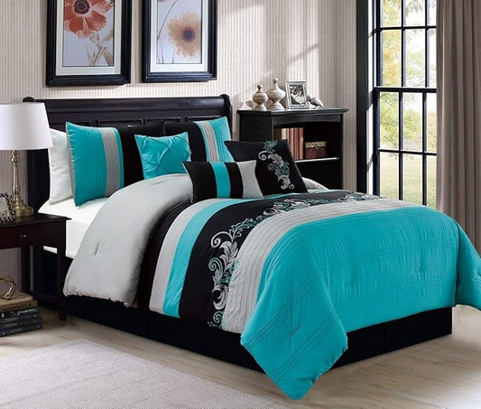 Chezmoi Collection Napa 7-Piece Luxury Leaves Scroll Embroidery Bedding Comforter Set (Full, Teal Blue/Gray/Black)