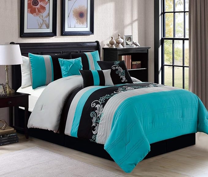 Chezmoi Collection Napa 7-Piece Luxury Leaves Scroll Embroidery Bedding Comforter Set (California King, Teal Blue/Gray/Black)
