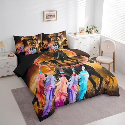 Erosebridal Horse Comforter Set 7 Piece Bed in a Bag Twin,Dream Catchers Feather Bedding Sets Western Animals Sheet Set with Comforter