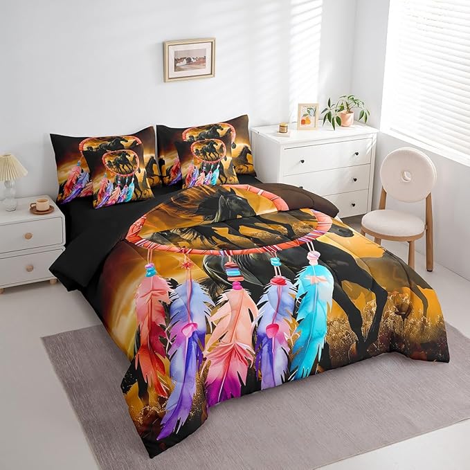 Erosebridal Horse 7 Piece Comforter Set Full Bed in a Bag,Dream Catchers Feather Bedding Sets Western Animals Sheet Set with Comforter